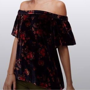 Ann Taylor LOFT Velvet OTS Off the Shoulder Floral Black Blouse Rose Red Crushed